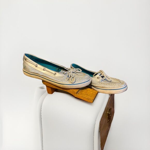 Sperry Top Siders Women's Authentic Biscayne Vida Silver Sparkle Boat Shoe Sz 5M - Picture 1 of 7